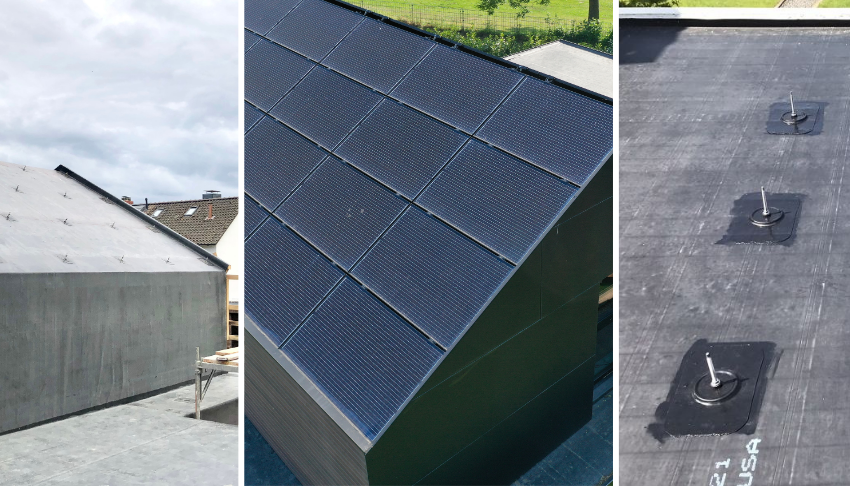 Photovoltaikanlage und dazugehörige Dachhalterungen auf EPDM Folie montiert auf einem Flach- & Steildach